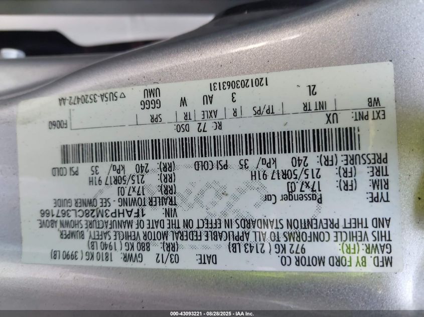 2012 Ford Focus VIN: 1FAHT3M28CL367166 Lot: 43093221