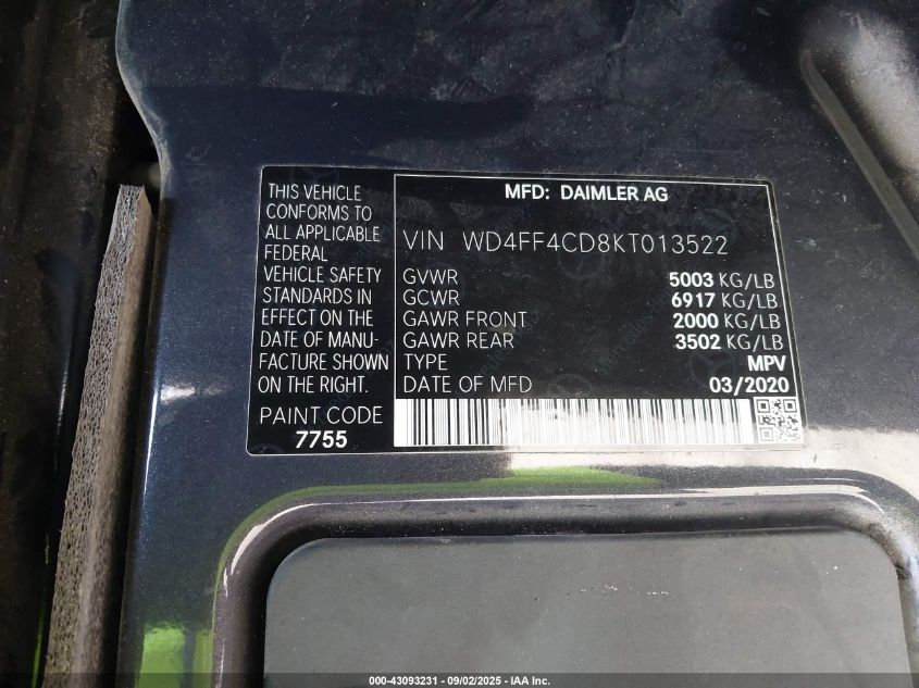 2019 Mercedes-Benz Sprinter 3500Xd High Roof V6 VIN: WD4FF4CD8KT013522 Lot: 43093231