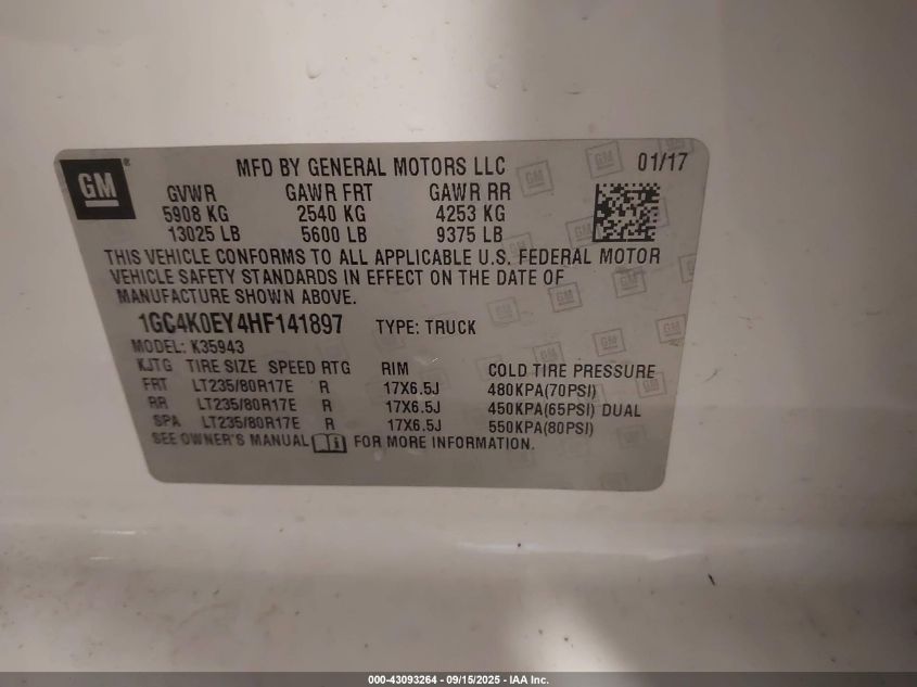 2017 Chevrolet Silverado 3500Hd Ltz VIN: 1GC4K0EY4HF141897 Lot: 43093264