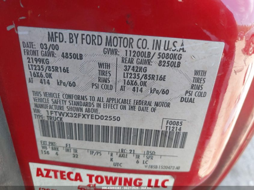 2000 Ford F-350 Lariat/Xl/Xlt VIN: 1FTWX32FXYED02550 Lot: 43093363