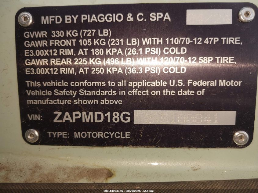 2024 Vespa Primavera/Sprint 150 VIN: ZAPMD18G2R5100841 Lot: 43093376