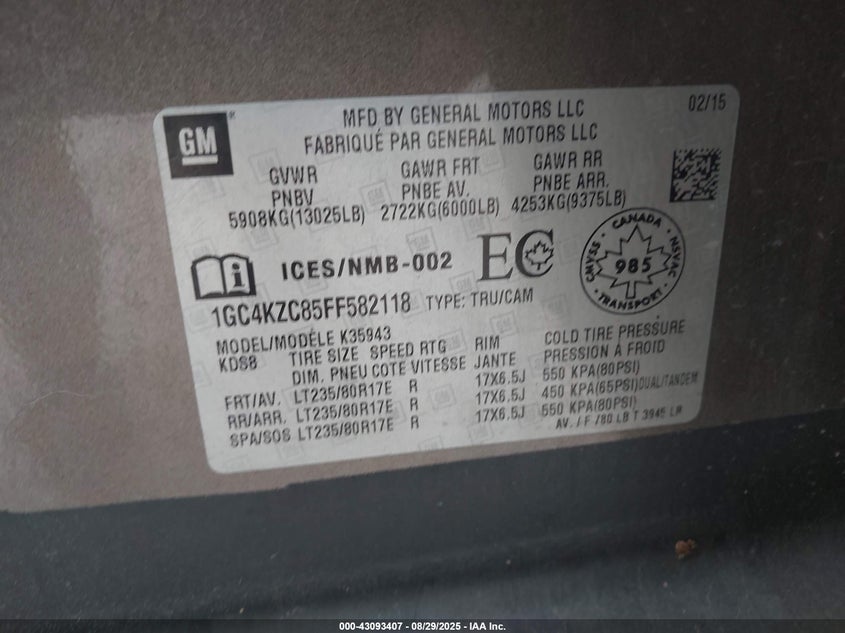 2015 Chevrolet Silverado Lt VIN: 1GC4KZC85FF582118 Lot: 43093407