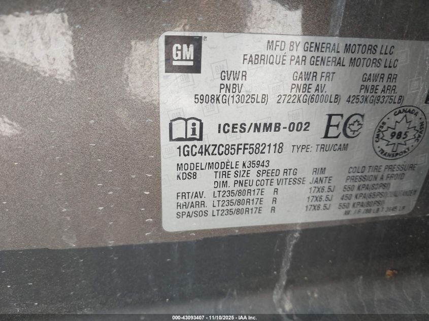 2015 Chevrolet Silverado 3500Hd Lt VIN: 1GC4KZC85FF582118 Lot: 43093407