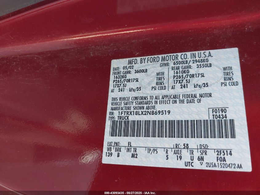 2002 Ford F-150 Lariat/Xl/Xlt VIN: 1FTRX18LX2NB69519 Lot: 43093435