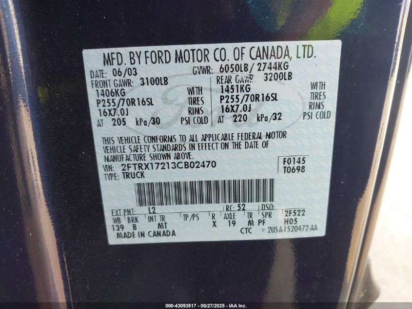 2003 Ford F-150 Xl/Xlt VIN: 2FTRX17213CB02470 Lot: 43093517