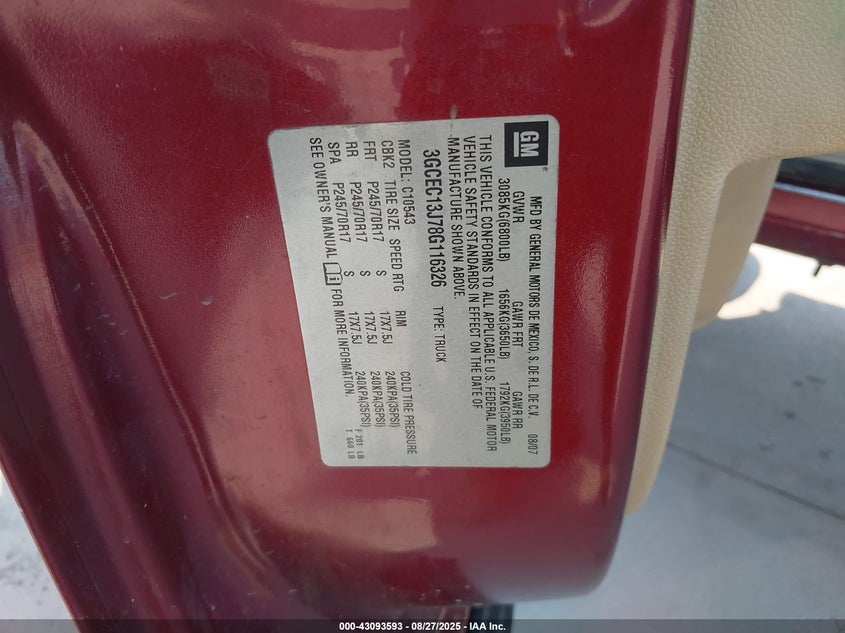 2008 Chevrolet Silverado 1500 Lt1 VIN: 3GCEC13J78G116326 Lot: 43093593