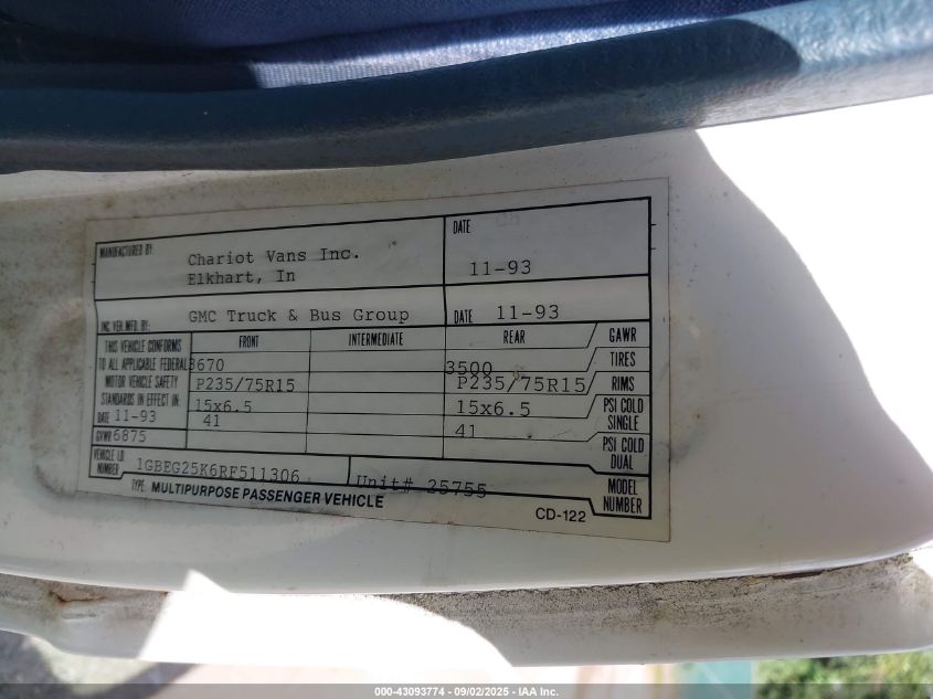 1994 GMC Rally Wagon / Van G2500 VIN: 1GDEG25K6RF511306 Lot: 43093774