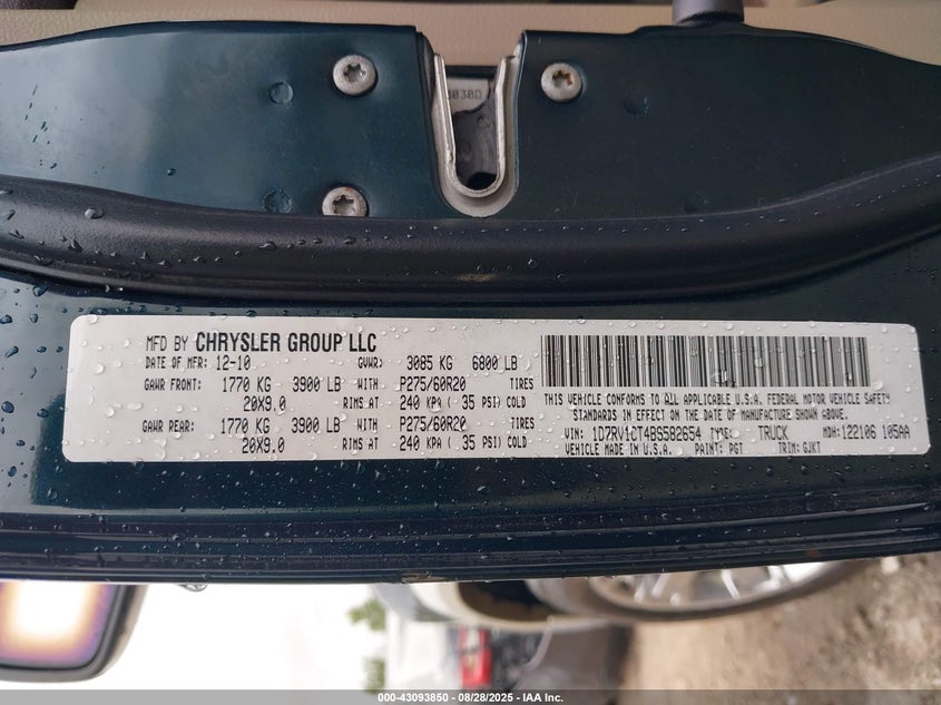 2011 Ram Ram 1500 Laramie VIN: 1D7RV1CT4BS582654 Lot: 43093850