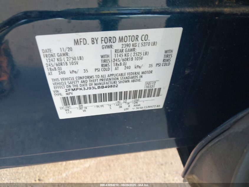 2020 Ford Edge Sel VIN: 2FMPK3J93LBB49802 Lot: 43094010