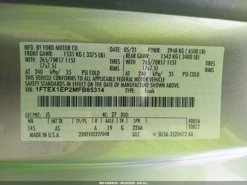 2021 Ford F-150 Xl VIN: 1FTEX1EP2MFB85314 Lot: 43094030
