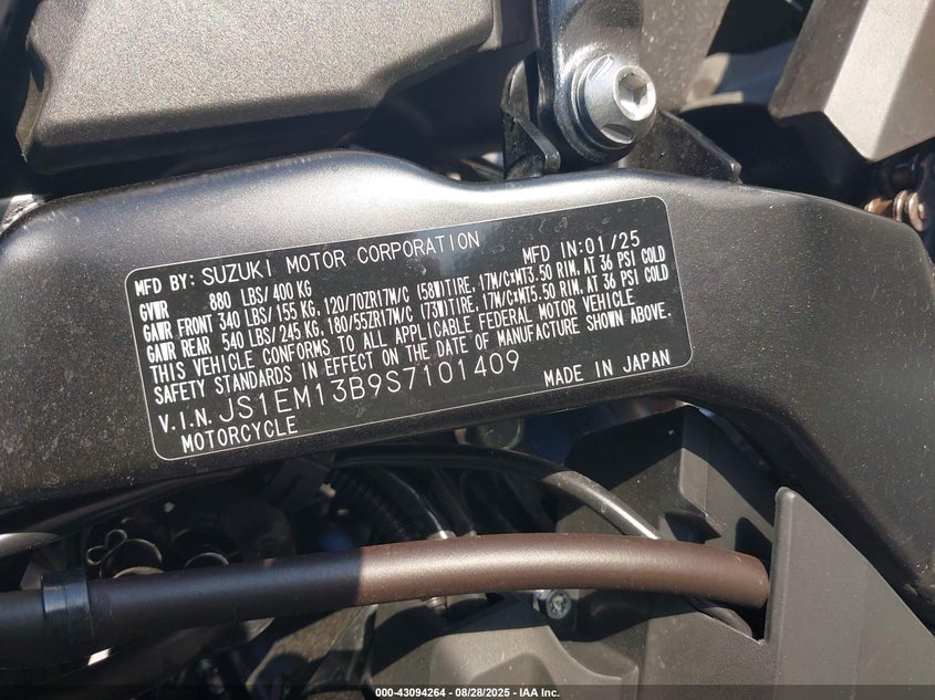 2025 Suzuki Gsx800 F VIN: JS1EM13B9S7101409 Lot: 43094264