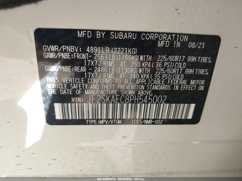 2023 Subaru Forester 2.5 Premium White Lot 111043094478 Vin JF2SKAEC8PH545002