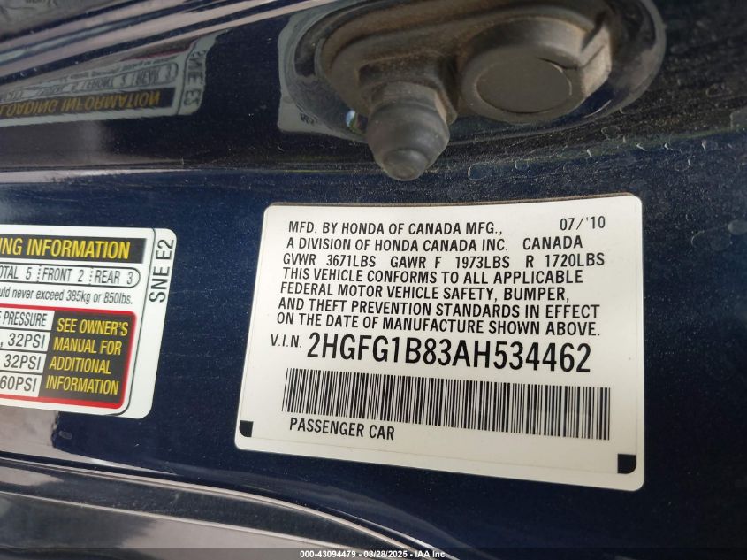 2010 Honda Civic Ex VIN: 2HGFG1B83AH534462 Lot: 43094479