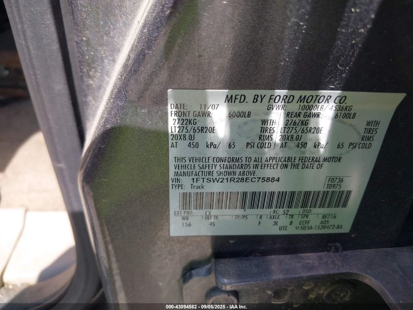 2008 Ford F-250 Fx4/Harley-Davidson/King Ranch/Lariat/Xl/Xlt VIN: 1FTSW21R28EC75884 Lot: 43094582