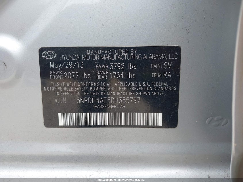 2013 Hyundai Elantra Gls VIN: 5NPDH4AE5DH355797 Lot: 43094589