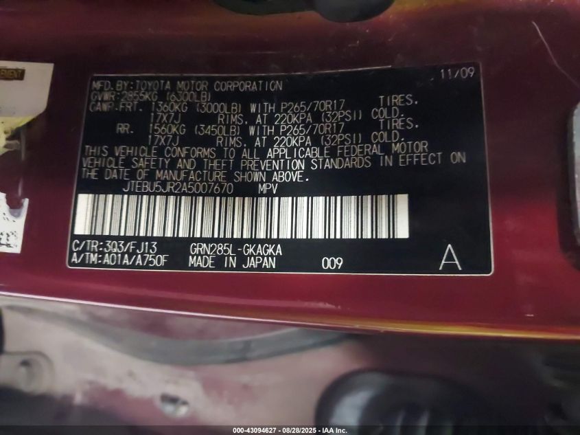 2010 Toyota 4Runner Sr5 V6 VIN: JTEBU5JR2A5007670 Lot: 43094627