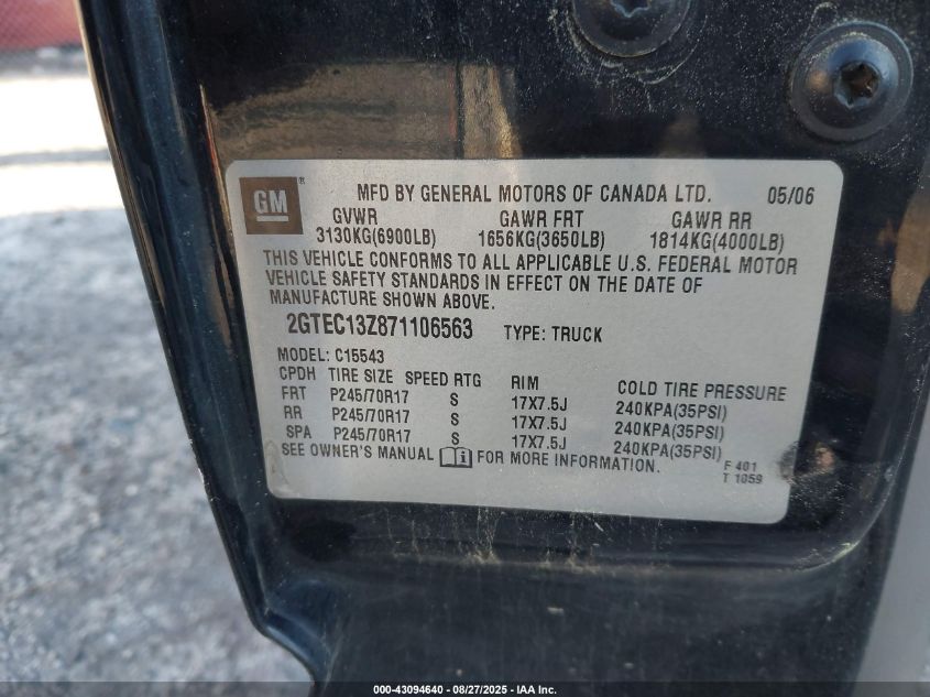 2007 GMC Sierra 1500 Classic Slt VIN: 2GTEC13Z871106563 Lot: 43094640