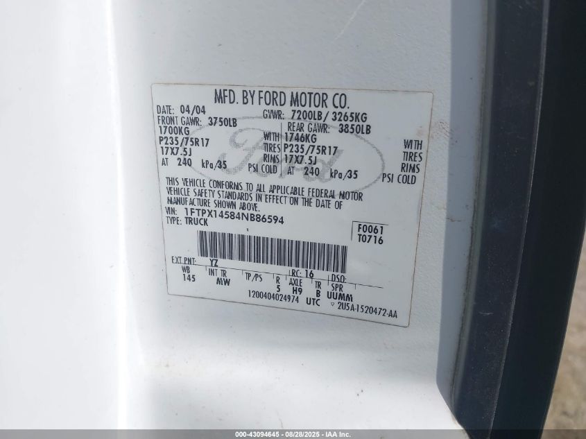 2004 Ford F-150 Fx4/Lariat/Xl/Xlt VIN: 1FTPX14584NB86594 Lot: 43094645