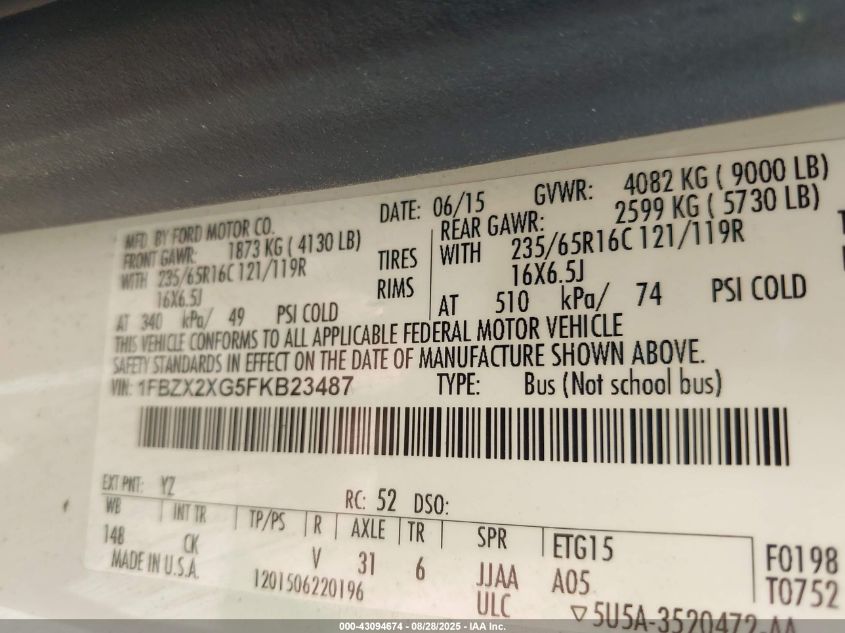 2015 Ford Transit-350 Xlt VIN: 1FBZX2XG5FKB23487 Lot: 43094674
