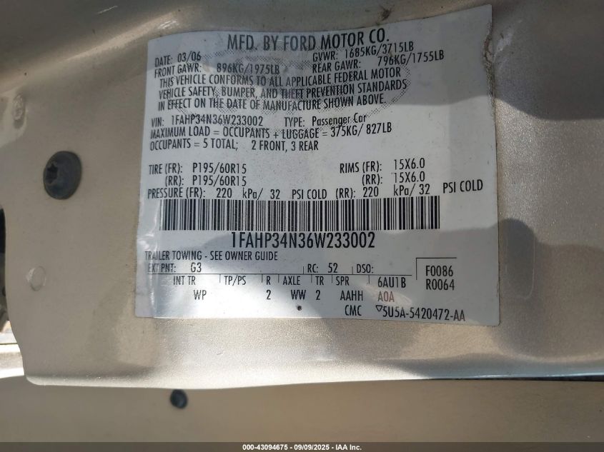 2006 Ford Focus Zx4 VIN: 1FAHP34N36W233002 Lot: 43094675