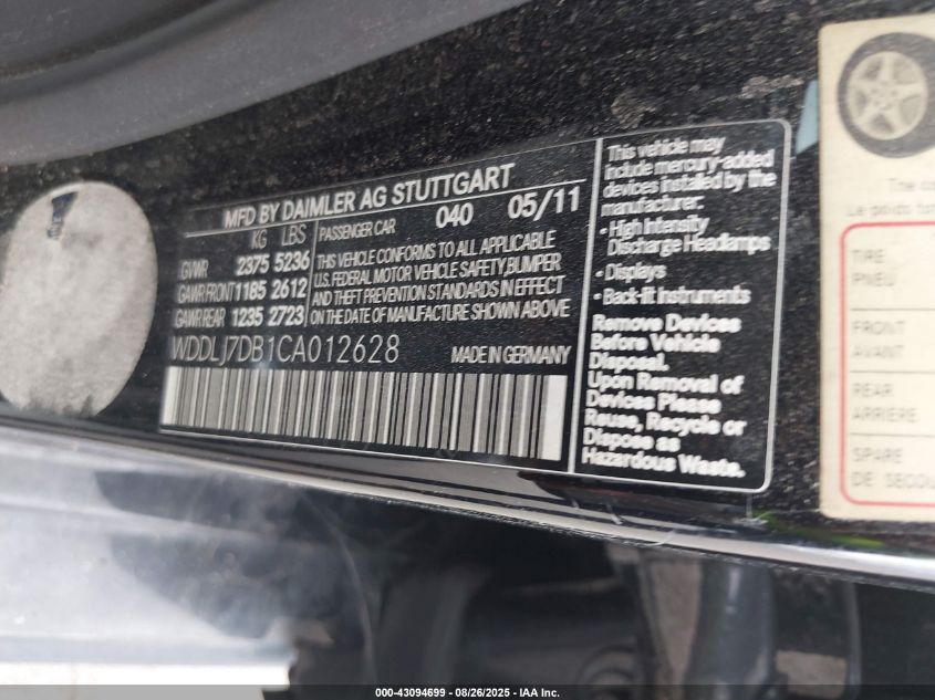 2012 Mercedes-Benz Cls 550 VIN: WDDLJ7DB1CA012628 Lot: 43094699