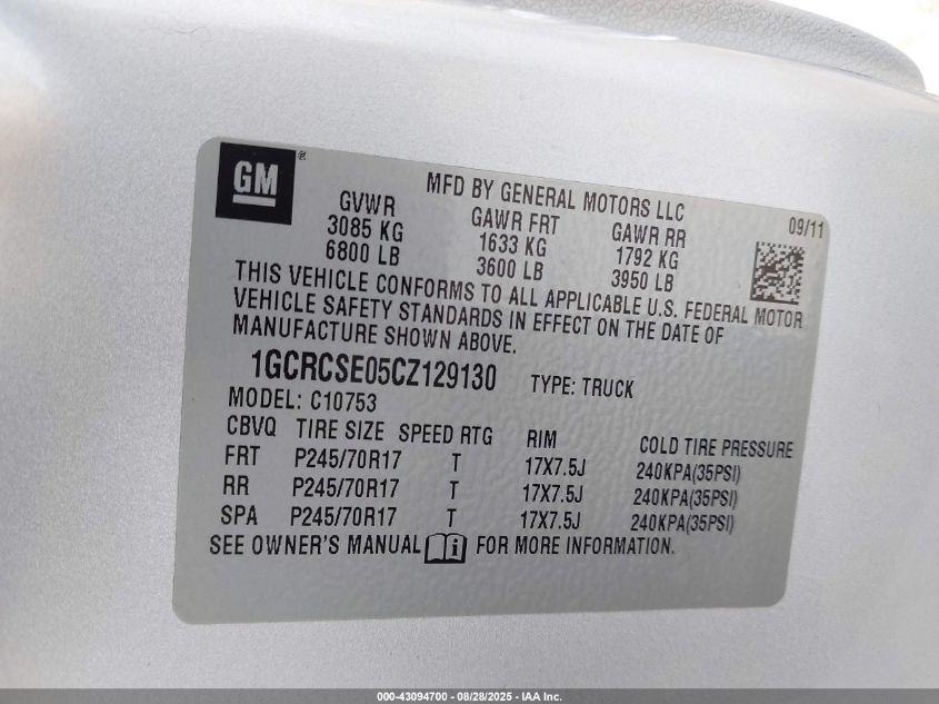 2012 Chevrolet Silverado 1500 Lt VIN: 1GCRCSE05CZ129130 Lot: 43094700