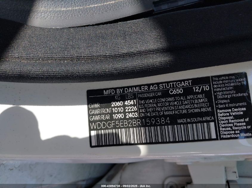 2011 Mercedes-Benz C 300 Sport VIN: WDDGF5EB2BR159384 Lot: 43094738