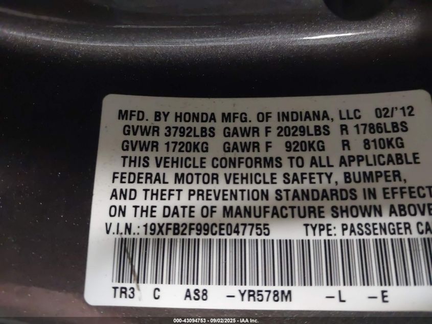 2012 Honda Civic Ex-L VIN: 19XFB2F99CE047755 Lot: 43094753