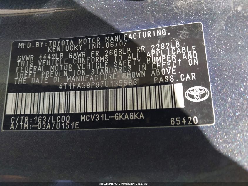 2007 Toyota Camry Solara Sle VIN: 4T1FA38P97U135583 Lot: 43094755