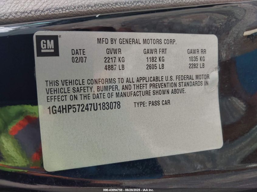 2007 Buick Lucerne Cx VIN: 1G4HP57247U183078 Lot: 43094758