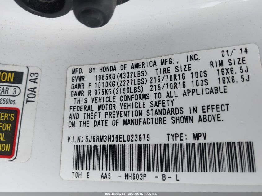 2014 Honda Cr-V Lx VIN: 5J6RM3H36EL023679 Lot: 43094784