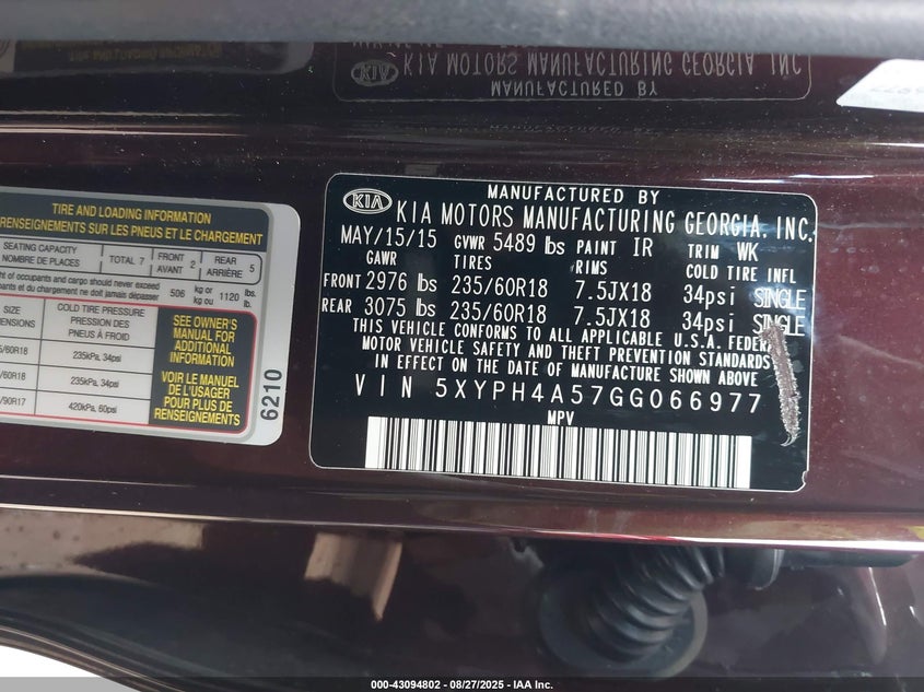 2016 Kia Sorento 3.3L Ex VIN: 5XYPH4A57GG066977 Lot: 43094802