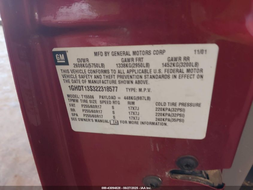 2002 Oldsmobile Bravada VIN: 1GHDT13S322318577 Lot: 43094828