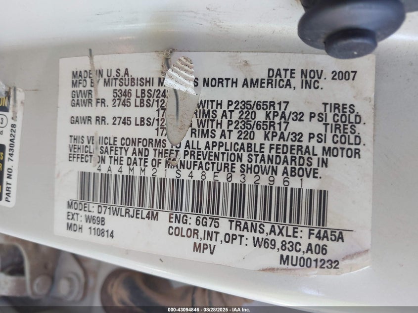 2008 Mitsubishi Endeavor Ls VIN: 4A4MM21S48E032961 Lot: 43094846