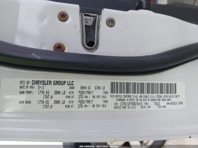 2011 Ram Ram 1500 Slt/St VIN: 1D7RV1GP7BF673415 Lot: 43094930