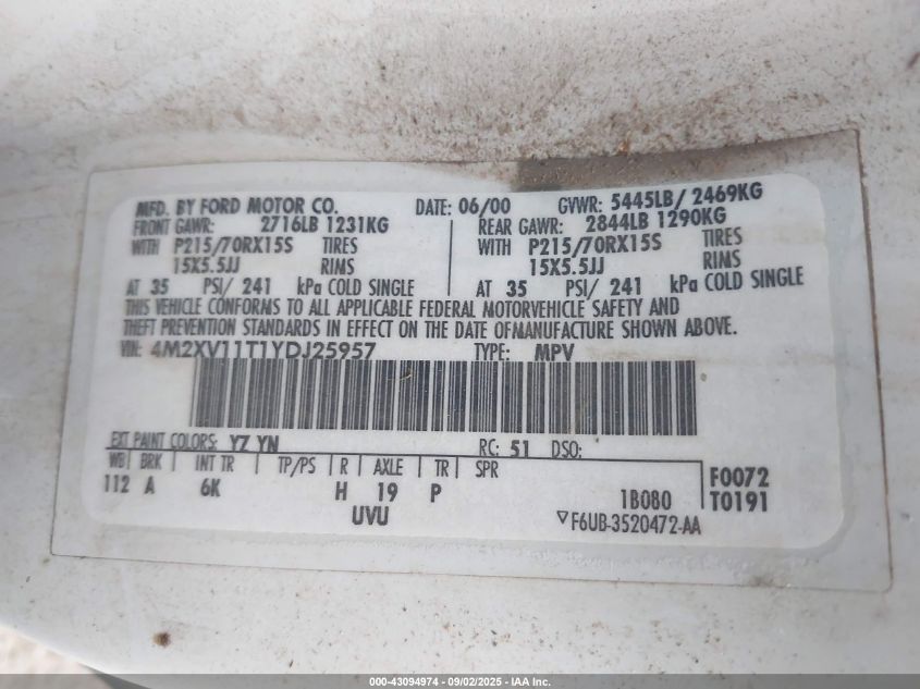 2000 Mercury Villager VIN: 4M2XV11T1YDJ25957 Lot: 43094974