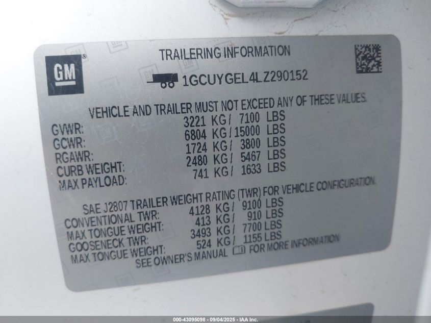 2020 Chevrolet Silverado 1500 4Wd Standard Bed Ltz VIN: 1GCUYGEL4LZ290152 Lot: 43095098