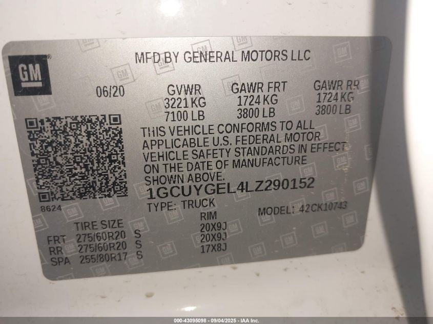 2020 Chevrolet Silverado 1500 4Wd Standard Bed Ltz VIN: 1GCUYGEL4LZ290152 Lot: 43095098