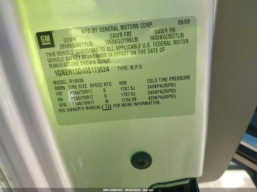 2009 Chevrolet Traverse Ls VIN: 1GNER13D49S179524 Lot: 43095163