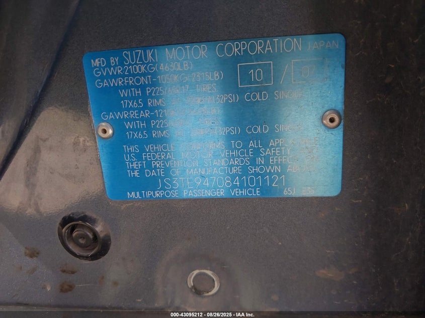 2008 Suzuki Grand Vitara Luxury VIN: JS3TE947084101121 Lot: 43095212