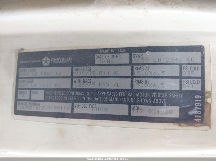 1986 Dodge D-Series D150 VIN: 1B7HD14T2GS100116 Lot: 43095284