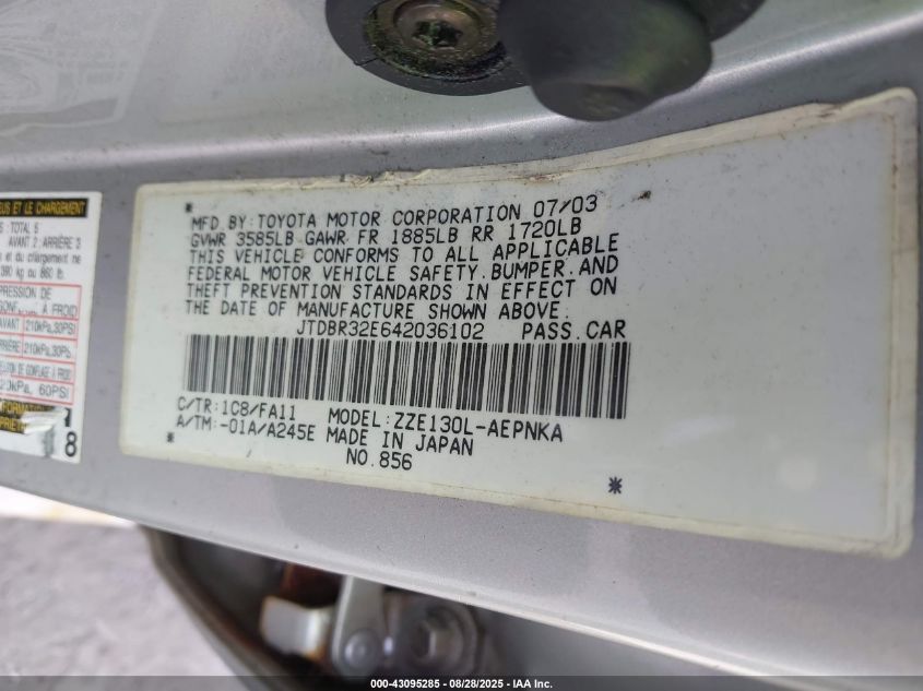 2004 Toyota Corolla Le VIN: JTDBR32E642036102 Lot: 43095285