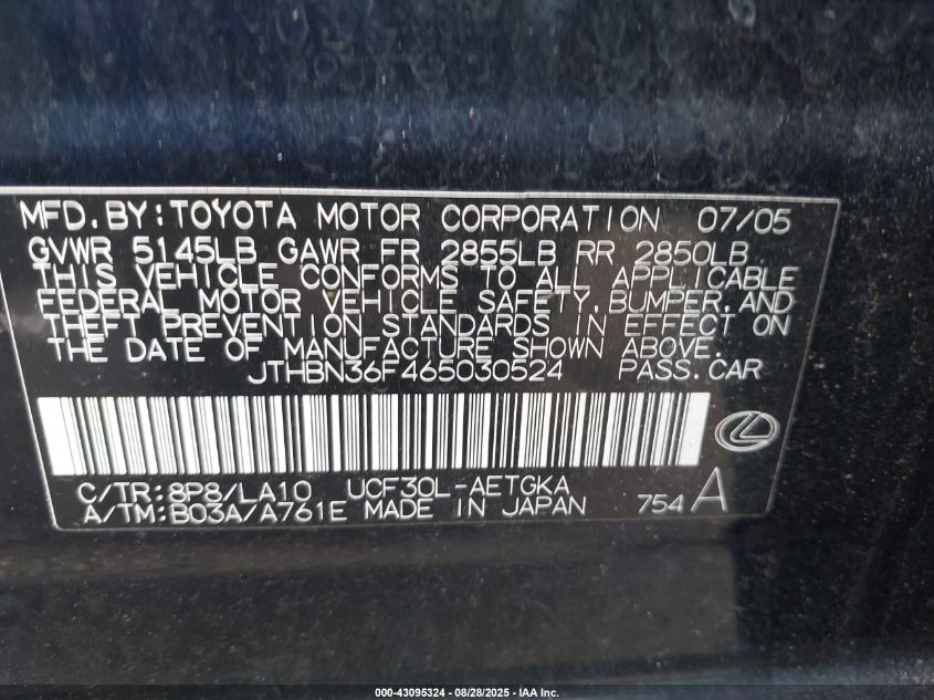 2006 Lexus Ls 430 VIN: JTHBN36F465030524 Lot: 43095324