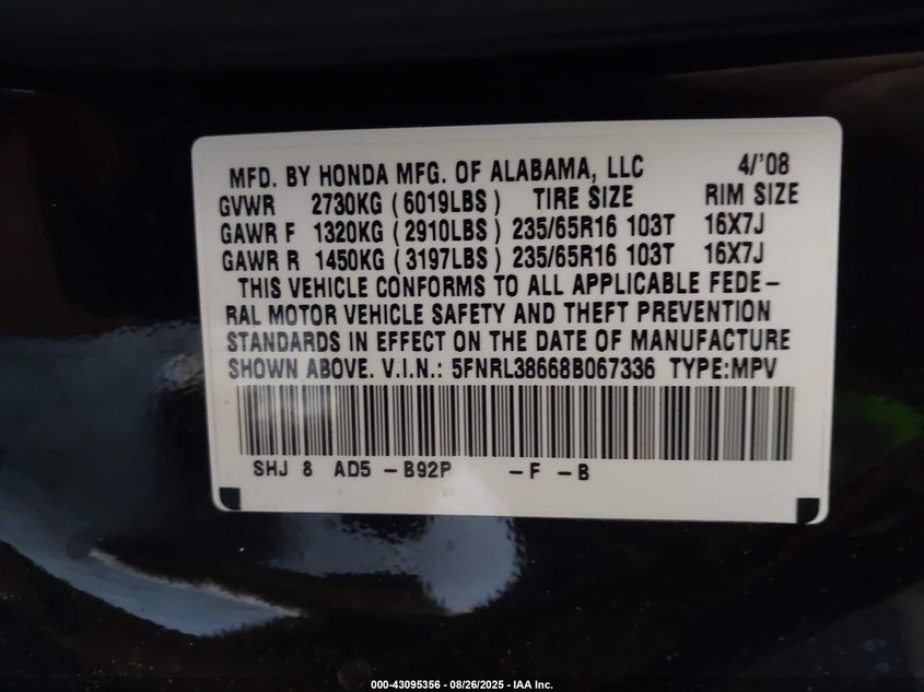 2008 Honda Odyssey Ex-L VIN: 5FNRL38668B067336 Lot: 43095356