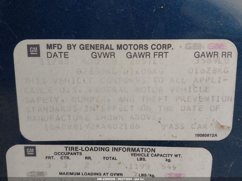 1989 Buick Electra Estate VIN: 1G4BV81Y2KA402186 Lot: 43095358