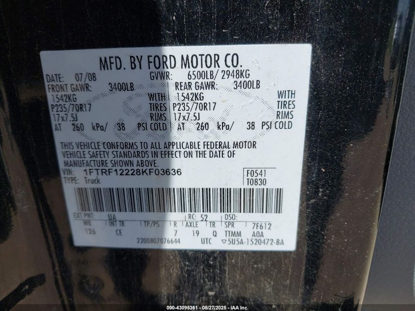 2008 Ford F-150 Stx/Xl/Xlt VIN: 1FTRF12228KF03636 Lot: 43095361