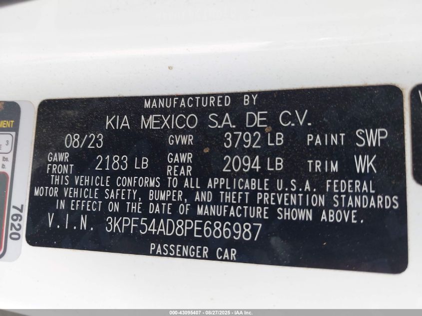2023 Kia Forte Gt-Line VIN: 3KPF54AD8PE686987 Lot: 43095407