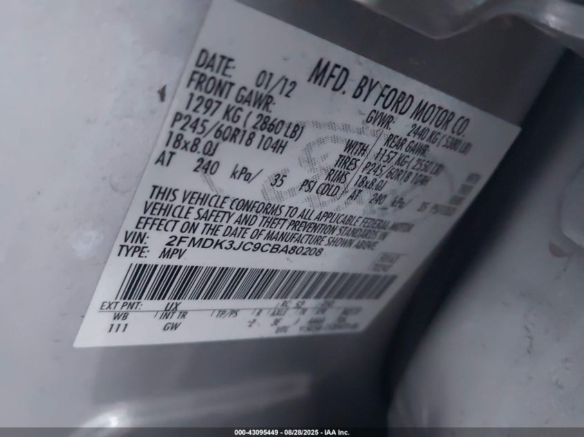 2012 Ford Edge Sel VIN: 2FMDK3JC9CBA80208 Lot: 43095449