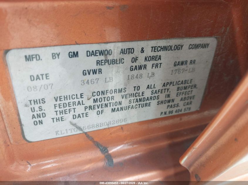 2008 Chevrolet Aveo Lt VIN: KL1TG56688B082696 Lot: 43095453