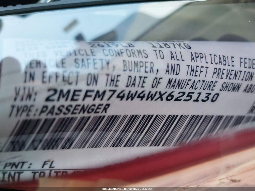 1998 Mercury Grand Marquis VIN: 2MEFM74W4WX625130 Lot: 43095518